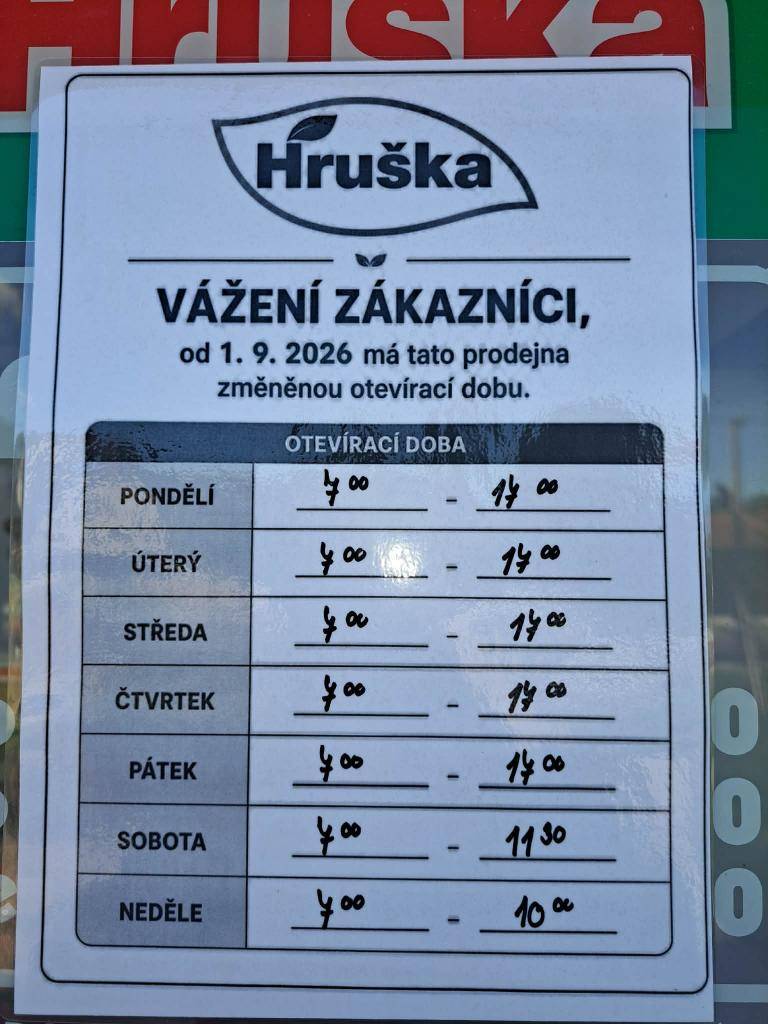 Informace o nové otevírací době obchodu Hruška, platné od 1.9.2026.