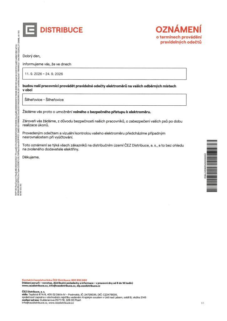 Informujeme vás, že ve dnech 11. 9. 2026 - 24. 9. 2026  budou pracovníci ČEZ Distribuce provádět pravidelné odečty elektroměrů na vašich odběrných místech v obci Šilheřovice.