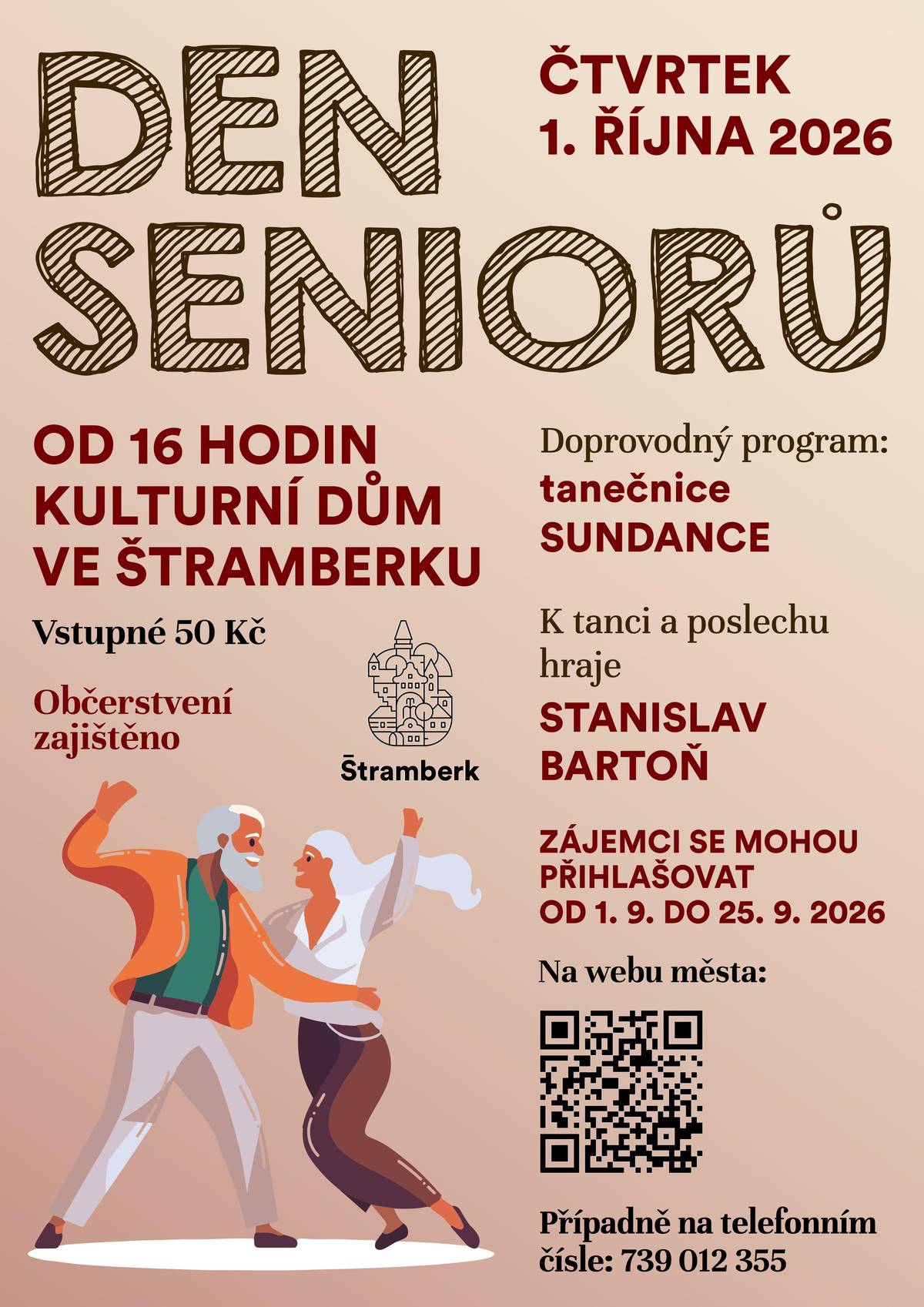 Srdečně zveme všechny seniory na společné setkání u příležitosti Dne seniorů. Přijďte strávit příjemné odpoledne plné hudby, tance, dobré nálady, přátelských rozhovorů a občerstvení. Zájemci se mohou přihlašovat na webu města: Den seniorů Případně na telefonním čísle: 739 012 355