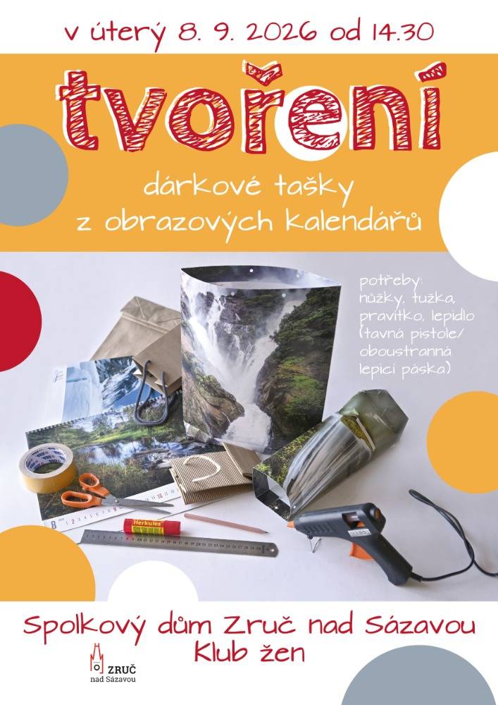 Klub žen pořádá v úterý 8. 9. od 14:30 ve své klubovně Tvoření. Vyrábět se bude dárková taška z obrazových kalendářů. S sebou si vezměte nůžky, tužku, pravítko, lepidlo nebo tavnou pistoli.