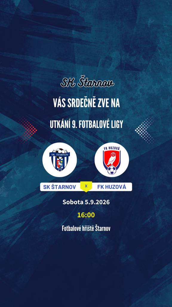 Zveme vás na utkání 9. fotbalové ligy mezi SK Štarnov a FK Huzová, které se koná v sobotu 5. září 2026.