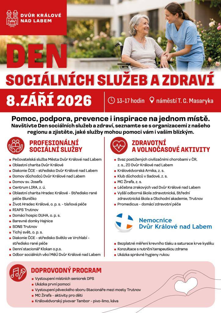 Na akci se představí řada organizací z regionu, které nabízejí různé služby pro občany. Můžete se těšit na bezplatné měření krevního tlaku a saturace krve kyslíku, konzultace s nutriční terapeutkou a ukázku správné hygieny rukou.