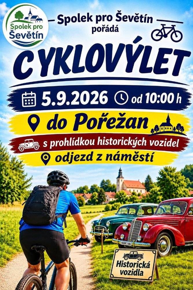 Spolek pro Ševětín pořádá cyklovýlet do Pořežan (s prohlídkou historických vozidel), a to v sobotu 5. září. Odjezd je naplánován z náměstí v 10:00 hodin. Těšíme se s Vámi na společnou, pohodovou cyklojízdu.