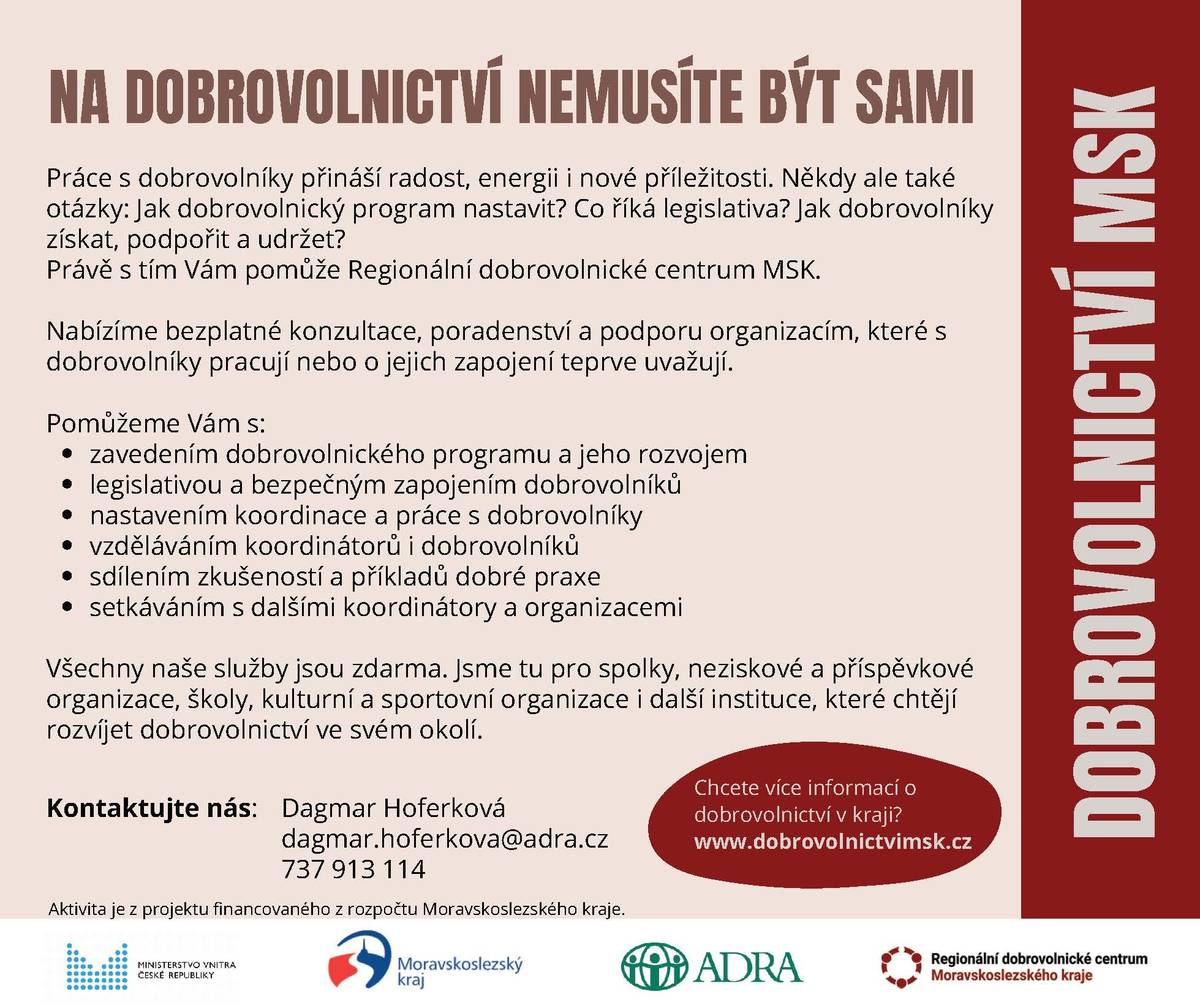 Chcete rozvíjet dobrovolnictví ve své organizaci nebo obci? Regionální dobrovolnické centrum Moravskoslezského kraje nabízí bezplatné poradenství, vzdělávání i podporu při zapojování dobrovolníků.