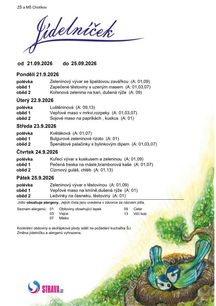 Jídelní lístek ZŠ a MŠ Chotíkov na týden 21. 09. 2026 - 25. 09. 2026.