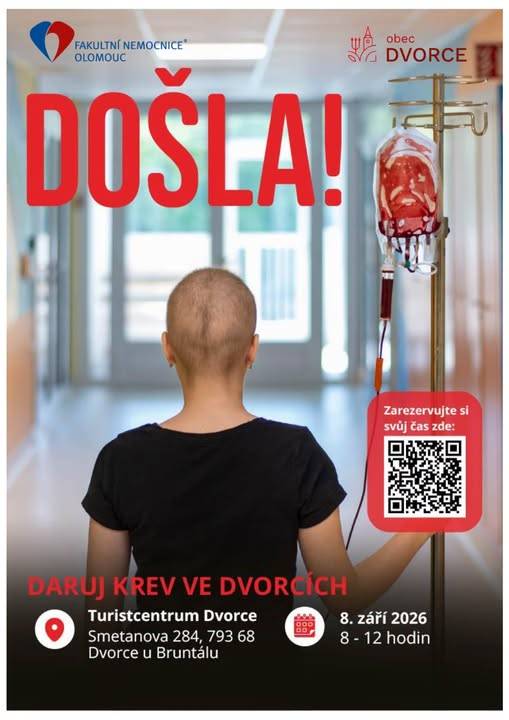 Ještě máme volná místa k mobilnímu odběru krve, který se bude konat v úterý 8. 9. 2026 od 8:00 do 12:00 hodin.