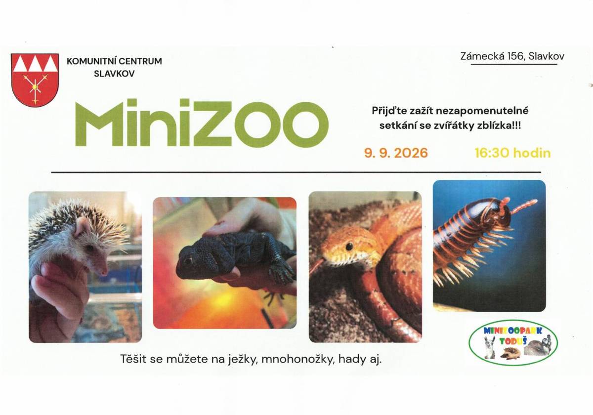 Komunitní centrum Slavkov, Zámecká 156, Slavkov vás zve na MiniZOO ve středu 9. 9. 2026 v 16:30 hodin.  Těšit se můžete na ježky, mnohonožky, hady aj.