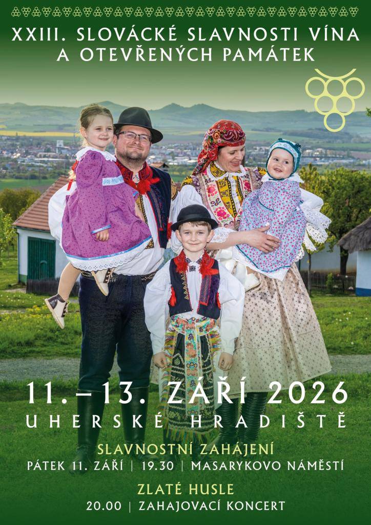 Od 11. do 13. září bude město Uherské Hradiště hostit 23. ročník Slováckých slavností vína a otevřených památek. Přijďte nasát nádhernou atmosféru města plného krojů, muziky a veselí a užít si řadu folklorních vystoupení - nejenom to Popovjánkové (Jezuitská zahrada, sobota 12. 9., cca 14 hodin).