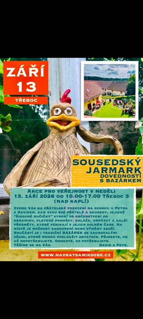 Petr a David zvou na přátelské posezení na dvorku (tradiční sousedský jarmark) v Třeboci čp. 3 (nad kaplí) dne 13.9.2026 od 10:00 -17:00 hodi