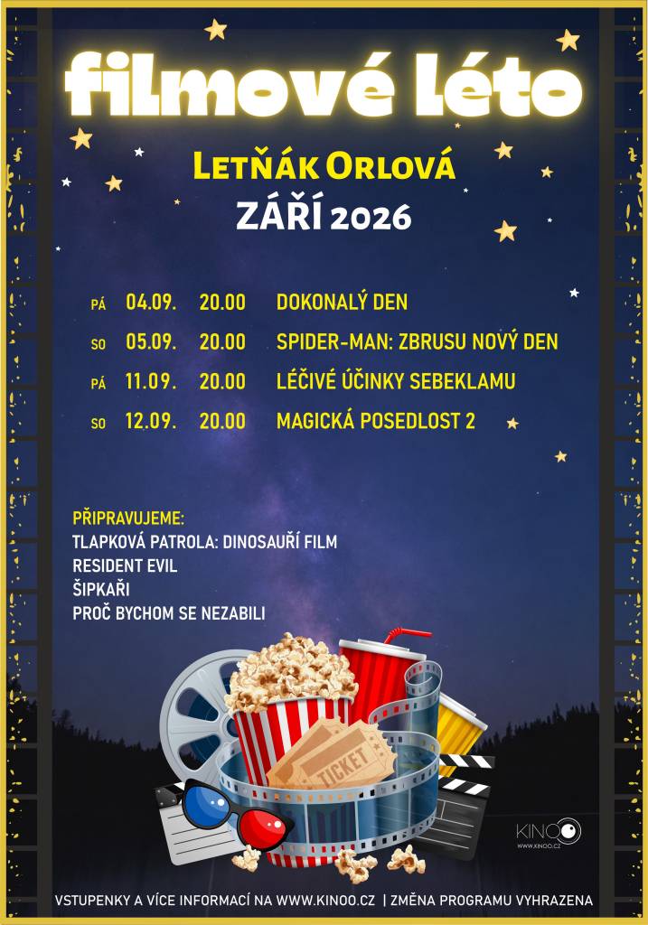 Filmové léto v Orlové po celé léto přinášelo novinky, komedie, akční filmy i rodinné projekce. Ještě několik promítacích večerů je ale před námi.  V pátek 4. září promítne Letňák Orlová romantickou komedii Dokonalý den.   V sobotu 5. září se můžete těšit na superhrdinský film Spider-Man: Zbrusu nový den.   V pátek 11. zá...