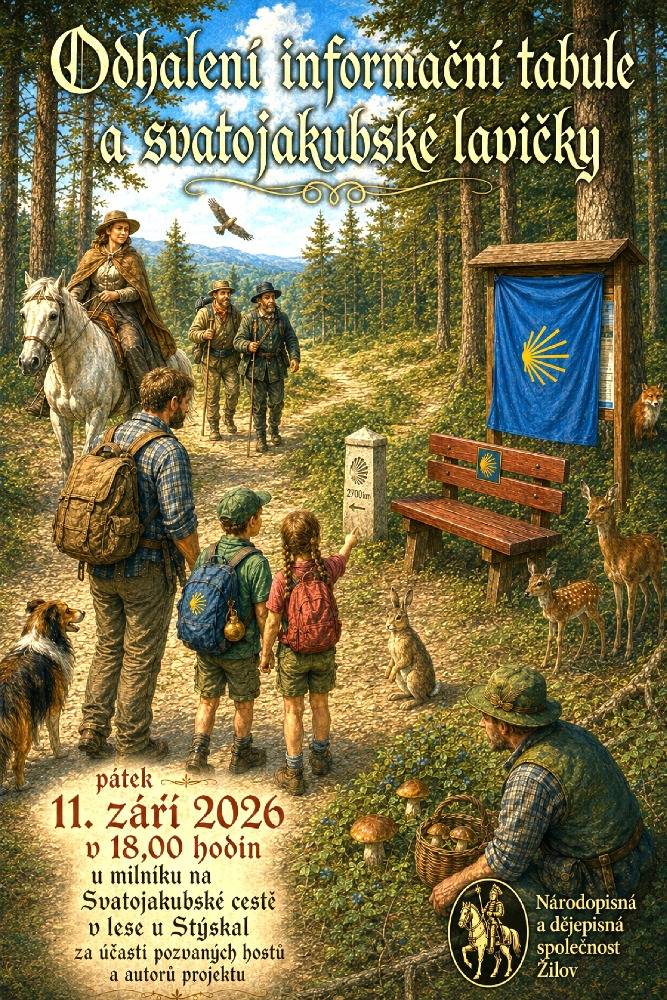 Národopisná a dějepisná společnost pod patronací obce vás zve na slavnostní odhalení informační turistické tabule a svatojakubské lavičky u milníku sv. Jakuba ve stýskalském lese na Svatojakubské cestě.