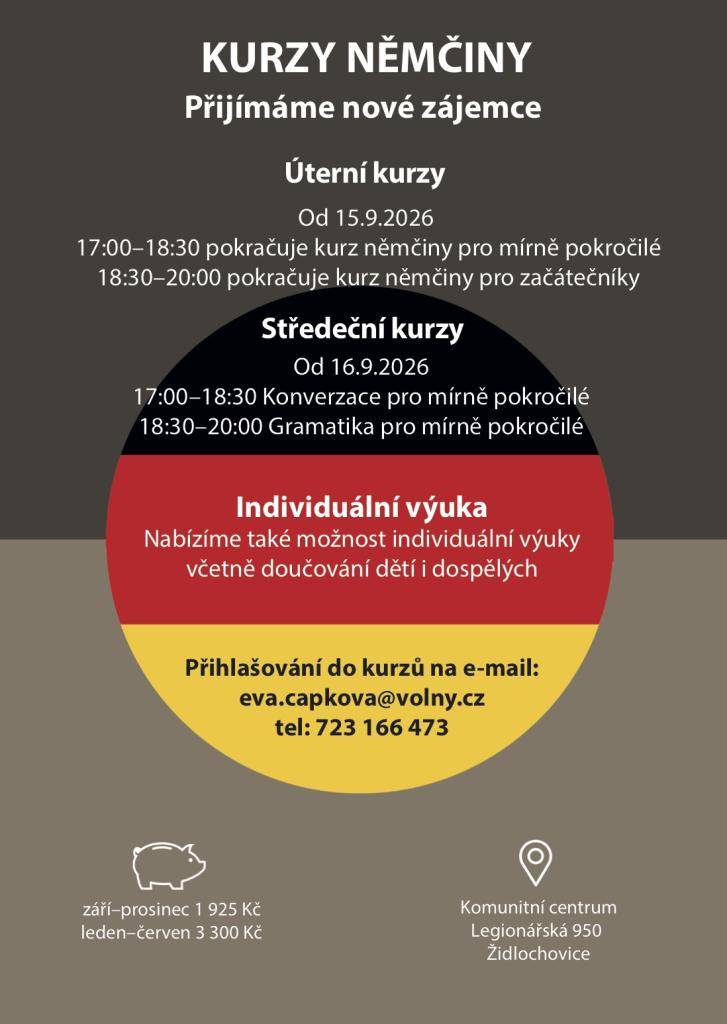 V Komunitním centru , Legionářská 950, Židlochovice budou od 15. 9. 2026 pokračovat kurzy němčiny pro začátečníky a mírně pokročilé, kurzy konverzace a kurzy gramatiky. Přihlašování do kurzů na e-mailu eva.capkova@volny.cz nebo na tel. 723 166 473.