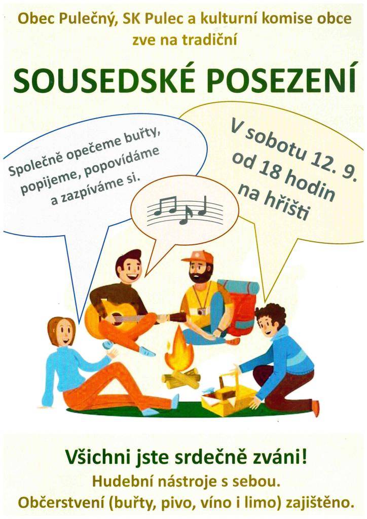 Sousedské posezení  Kdy: v sobotu 12. 9. 2026  Kde: na hřišti  V kolik: od 18 hodi