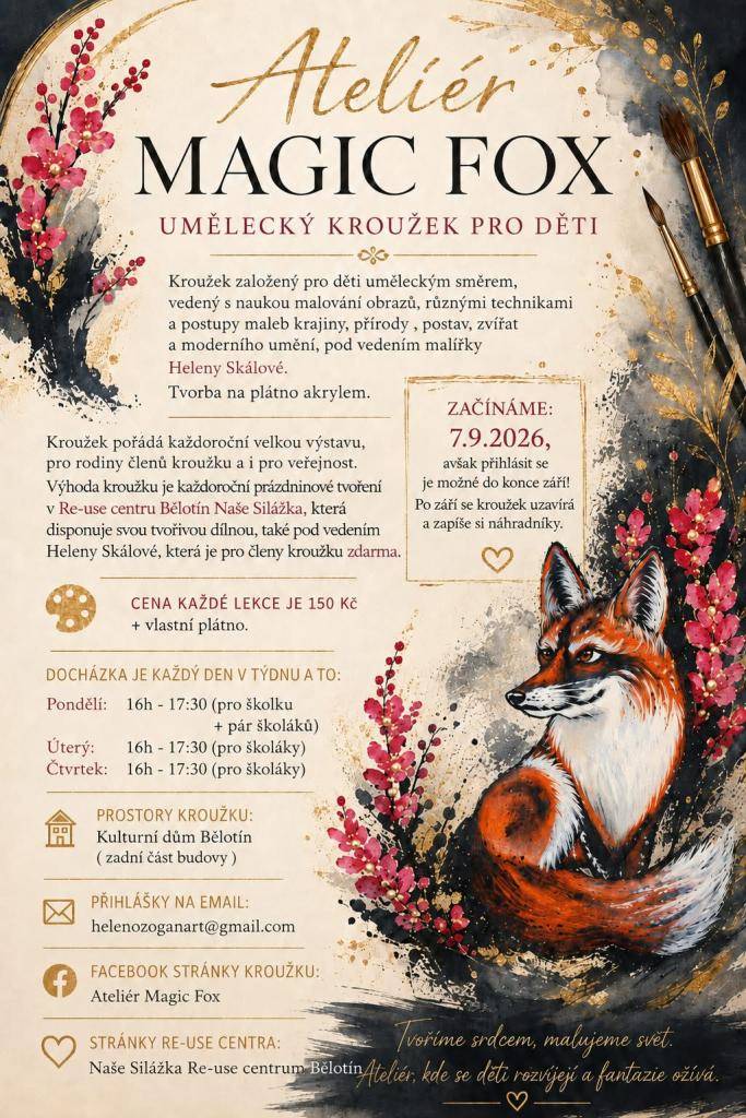 Umělecký kroužek Magic Fox nabízí dětem možnost malování různými technikami. Kroužek začíná 7. září 2026.