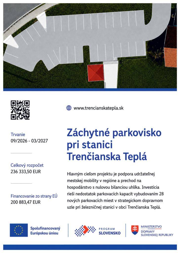 S radosťou oznamujeme, že naša obec Trenčianska Teplá spúšťa investičný projekt, ktorý výrazne prispeje k modernizácii našej infraštruktúry a skvalitneniu dopravy. V strategickom dopravnom uzle pri železničnej stanici vybudujeme nové záchytné parkovisko.