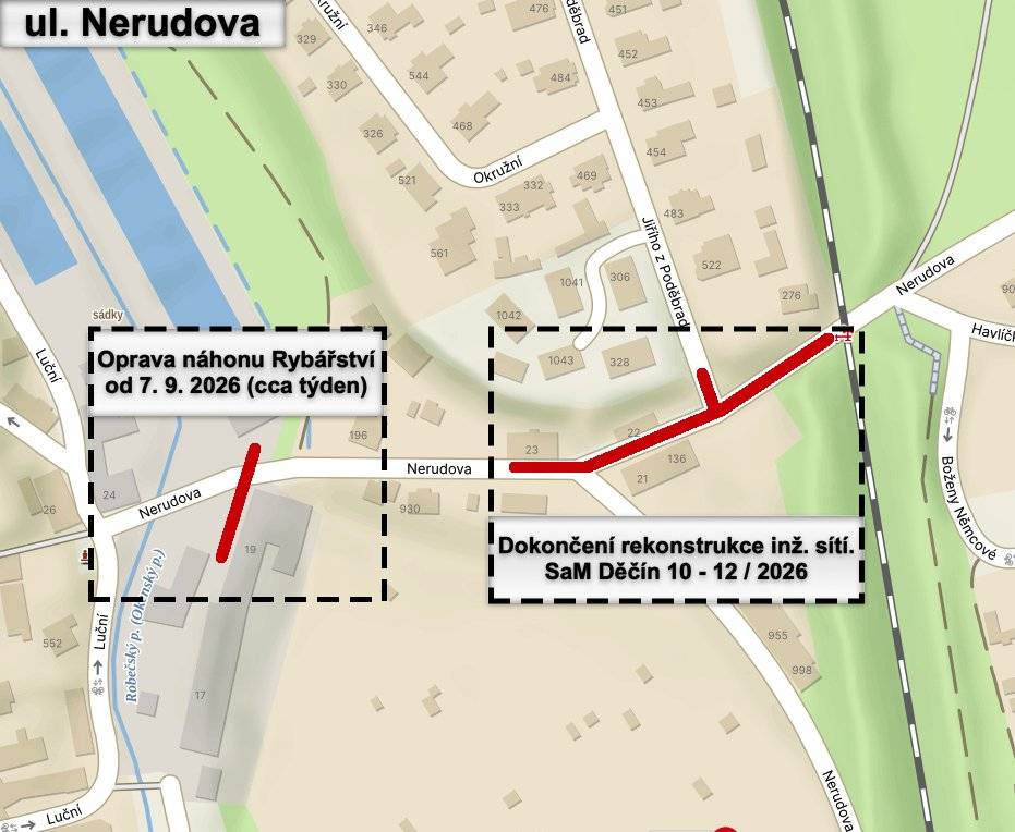 Vážení občané, přinášíme Vám aktuální informace o dalším postupu stavebních prací v ulici Nerudova: Od 7. září 2026: Rybářství Doksy zahájí opravu havarijního stavu náhonu pod komunikací. V průběhu října začne nový zhotovitel (SaM Děčín) s dokončováním inženýrských sítí. Práce budou postupovat od č. p. 23 směrem k železničnímu přejezdu s plánovaným dokončením do 31. 12. 2026. Podkladní vrstvy komunikace: Město aktuálně opakuje výběrové řízení na zhotovitele. Původní firma od smlouvy odstoupila kvůli zdržením, která vznikla pozastavením stavby sítí a řešením havarijního stavu náhonu. O dalších krocích Vás budeme průběžně informovat. Děkujeme Vám za pochopení a trpělivost s komplikacemi, které stavba přináší.