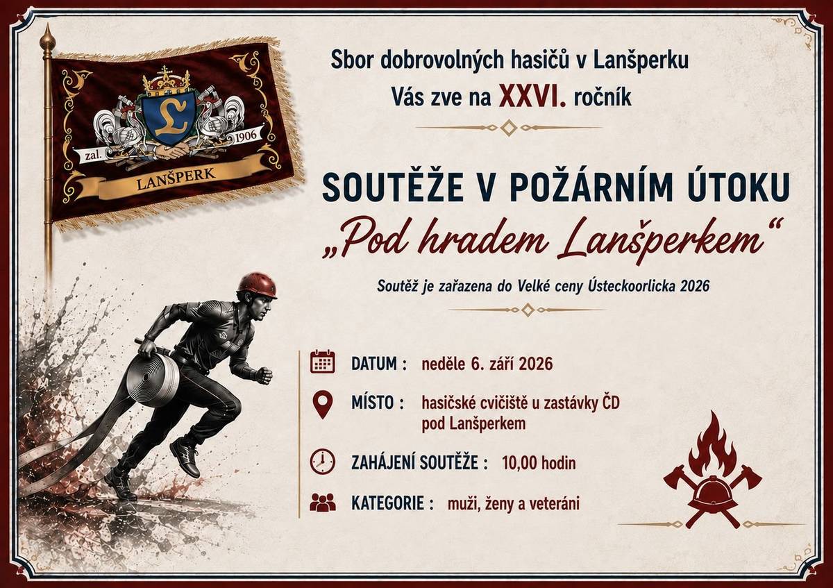 SDH Lanšperk vás zve na 26. ročník soutěže v požárním útoku Pod hradem Lanšperk. V neděli 6.9.2026 od 10 hodin na hasičském cvičišti u zastávky ČD pod Lanšperkem.