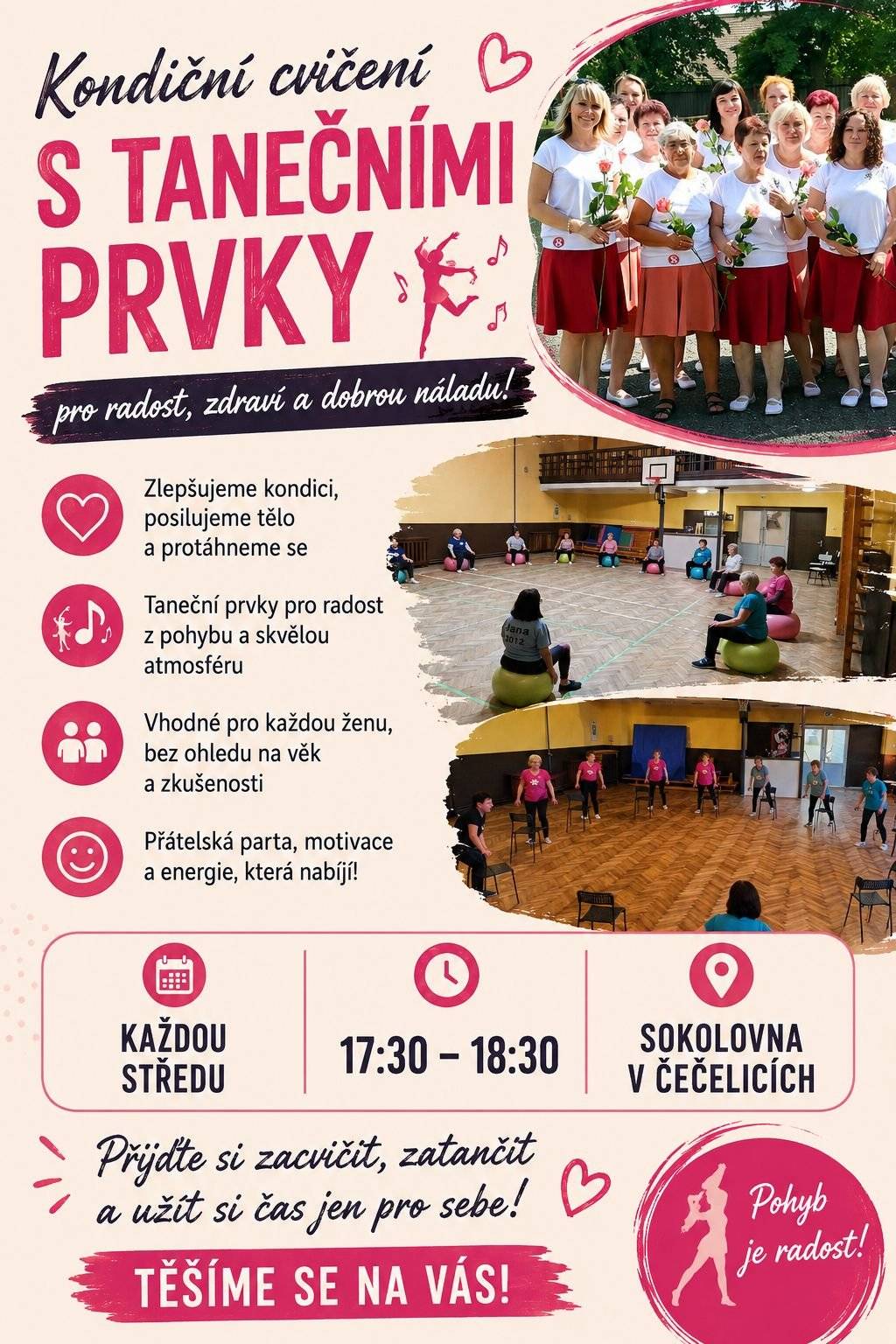 Kondiční cvičení žen s tanečními prvky - každou středu od 17:30 v místní sokolovně.