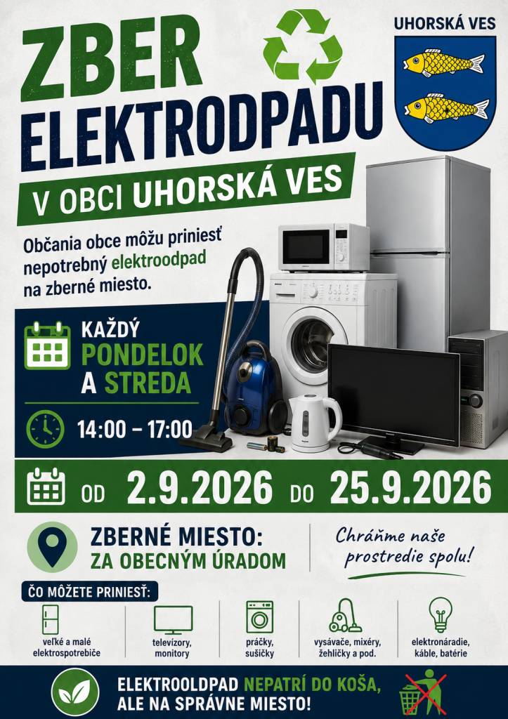 Občania obce Uhorská Ves môžu priniesť nepotrebný elektroodpad na zberné miesto.