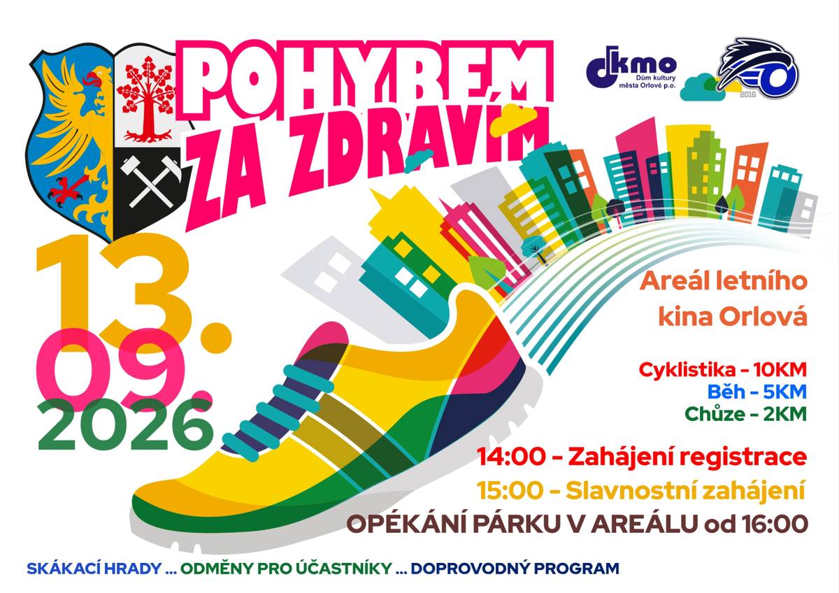 Dorazte za námi v neděli 13. září do areálu letního kina na tradiční akci Pohybem za zdravím. Opět můžete vyrazit po cyklistické, běžecké nebo pěší trati. Registrace bude probíhat od 14 hodin a slavnostní zahájení je v 15 hodin. Poté se uskuteční starty jednotlivých tratí. Každý účastník akce získá:  Účastnický list Lístek ...