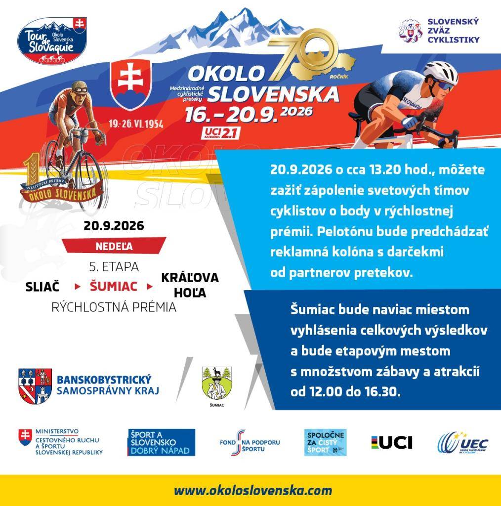 jubilejný 70.ročník  20.9.2026  5.etapa: SLIAČ-ŠUMIAC-KRÁĽOVA HOĽA