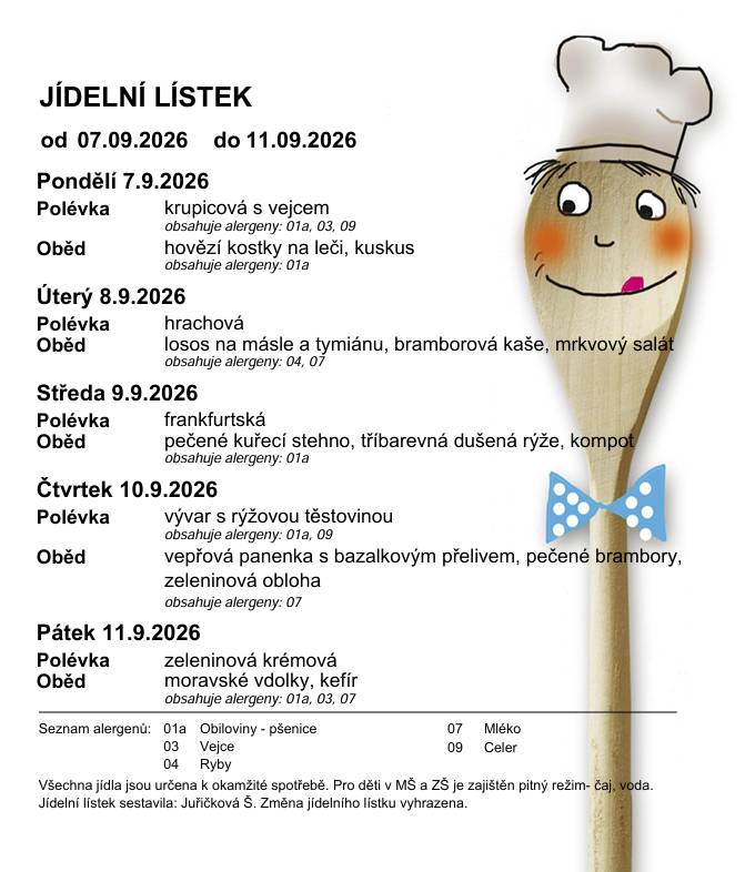 Jídelníček ŠJ Ludkovice - 7.9.-11.9.2026