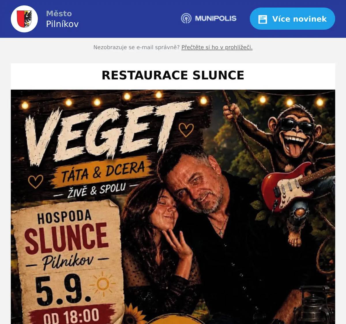 Restaurace Slunce v Pilníkově má nového provozovatele a zve všechny občany na slavnostní otevření! Přijďte v sobotu 5. září 2026 od 18:00 hodin přivítat nového provozovatele a společně si užít příjemný večer plný dobré nálady. Těšit se můžete na živou hudbu – Táta & Dcera, na kuchařovy speciality a příjemné posezení a samozřejmě také na setkání s přáteli a sousedy. Sobota 5. září 2026 od 18:00 hodin Rezervace míst na telefonu: 605 310 698. Těšíme se na vás