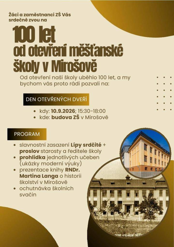 Zveme vás na Den otevřených dveří při příležitosti 100. výročí otevření naší školy.