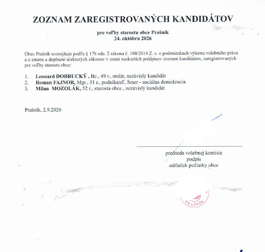 Obec Prašník zverejňuje zoznam zaregistrovaných kandidátov pre voľby starostu obce a voľby do Obecného zastupiteľstva obce Prašník, ktoré sa uskutočnia 24. októbra 2026.