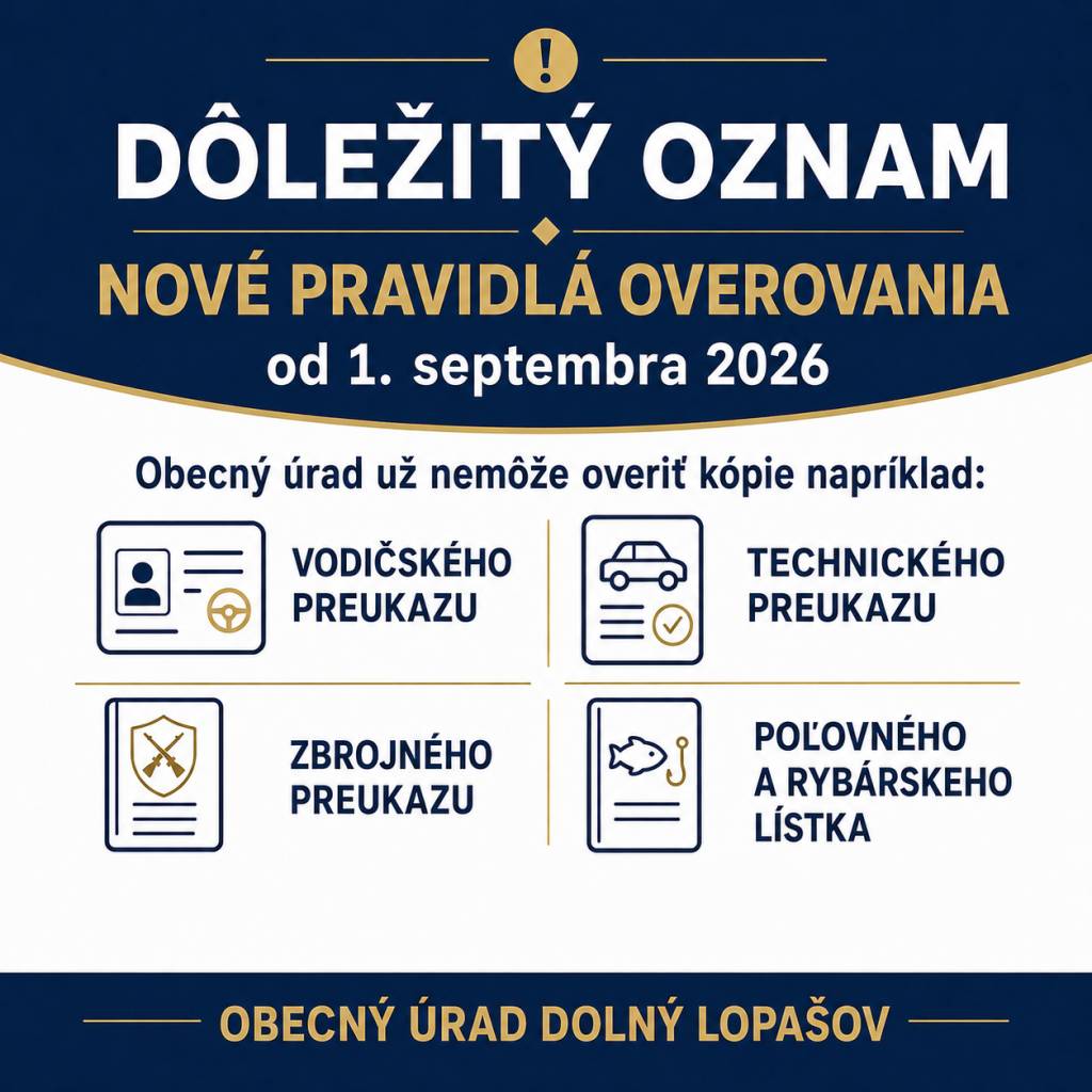Obecný úrad Dolný Lopašov upozorňuje občanov, že od 1. septembra 2026 nadobudol účinnosť nový zákon o osvedčovaní listín a podpisov na listinách.