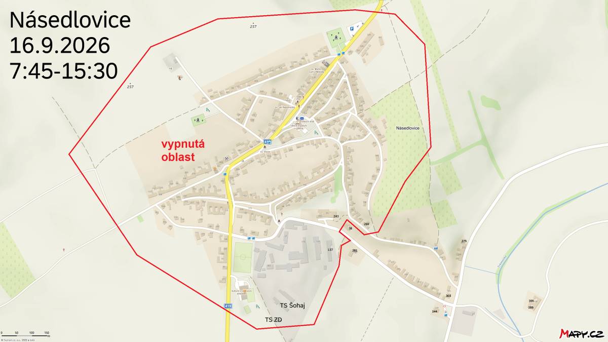 EG.D oznamuje přerušení dodávky elektrické energie na 16.9. v čase od 7:45 do 15:30 hod. v celé obci krom Chmelínku, lokality sklepů a Haltýřů. Mapu vypnuté oblasti najdete níže.