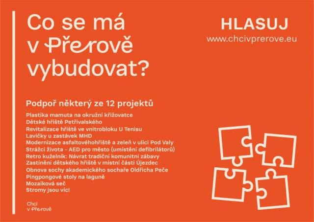 Dvanáct návrhů postoupilo do letošního veřejného hlasování v participativním rozpočtu města ‚Chci v Přerově‘. „Obyvatelé budou rozhodovat o projektech zaměřených na volný čas, sport, bezpečnost, životní prostředí i zkrášlení veřejného prostoru. Město má na realizaci vítězných návrhů vyčleněno 1,5 milionu korun a hlasující mohou od 2. září do 2. října vybírat z nápadů, které předložili sami občané,“ řekl primátor města Petr Vrána.                               Číst dál...