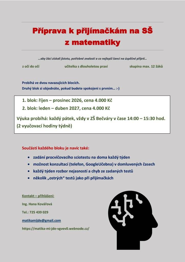 Vážení občané, dovolujeme si vás informovat, že paní učitelka Kovářová nabízí doučování z matematiky pro žáky 9. ročníků jako přípravu k přijímacím zkouškám na střední školy. Začátek kurzu je v pátek 2. října. Bude se jednat o dvouhodinové lekce (od 14:00 do 15:30). Místo konání kurzu je venkovní učebna u školy v Bečvárech. Zájemci se mohou hlásit na e-mail matikamijde@gmail.com Další informace se dozvíte na přiloženém letáčku či na telefonním čísle 725 439 029.