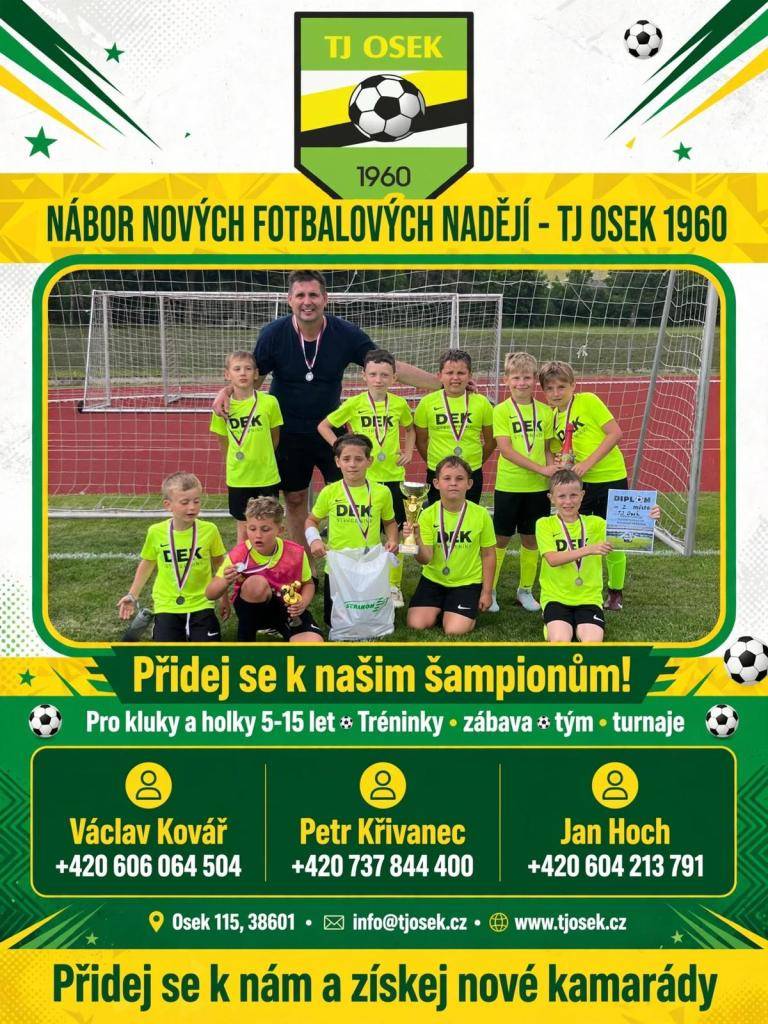 TJ Osek zve všechny mladé sportovce ve věku 5 až 15 let na pravidelné tréninky, které kombinují zábavu a týmovou spolupráci.