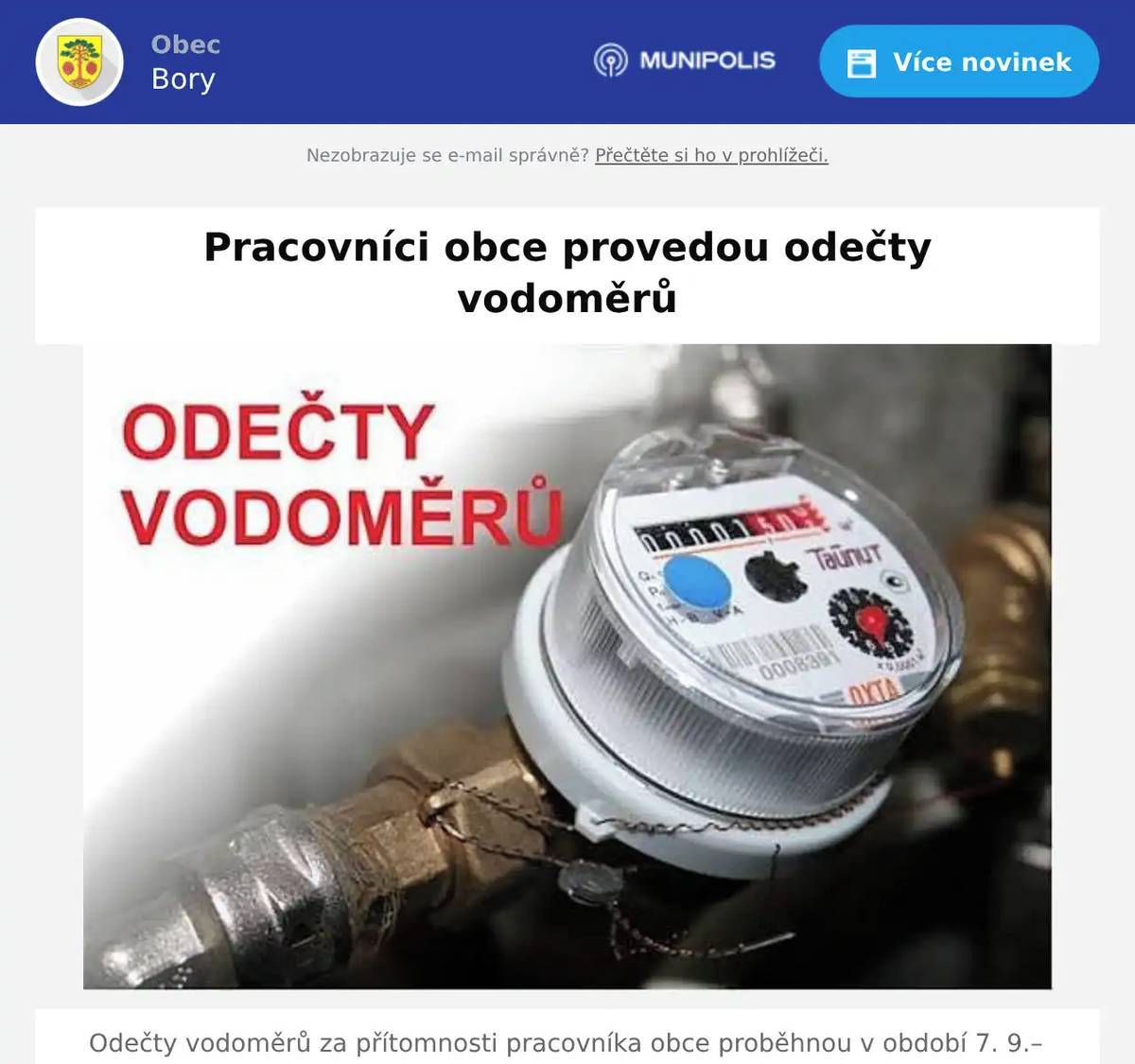 Odečty vodoměrů za přítomnosti pracovníka obce proběhnou v období 7. 9.–11. 9. 2026.