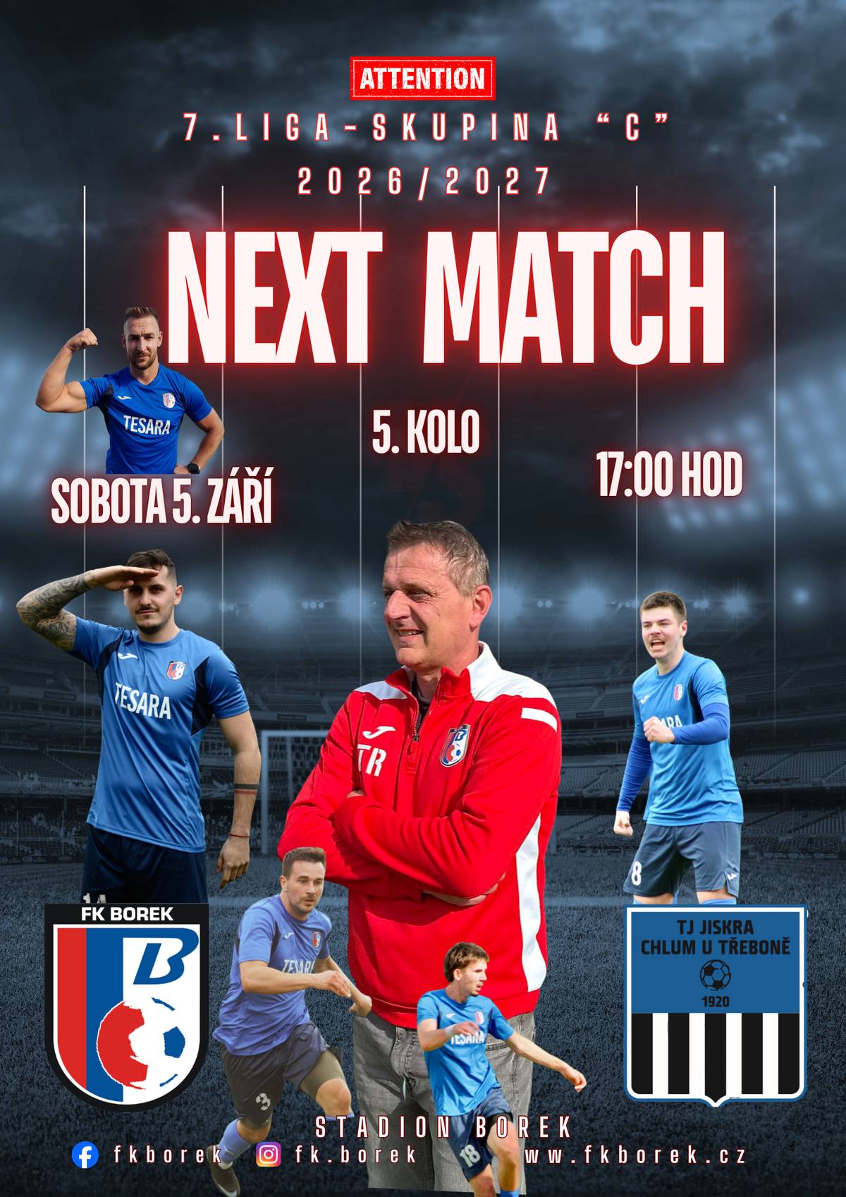 Dobrý den všem. Dovolte mi, abych Vás jménem FK Borek pozval na  mistrovské fotbalové utkání mužů krajské soutěže 7. LIGA SKUPINA "C", mezi FK BOREK / TJ JISKRA CHLUM U TŘEBONĚ, které se uskuteční v sobotu 5. září 2026 od 17:00 hodin na boreckém fotbalovém stadionu. Přijďte fandit. S přáním hezkého dne Jaroslav Novák - starosta obce Borek.