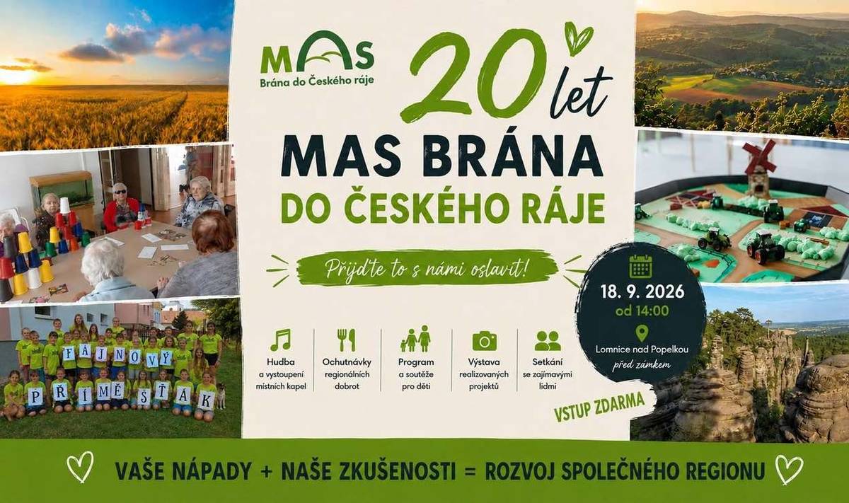 MAS Brána do českého ráje, z.s. už 20 let společně s obcemi, spolky, podnikateli i aktivními obyvateli pomáhá rozvíjet náš region. Přijďte si připomenout, co se za tu dobu podařilo, setkat se s inspirativními lidmi a užít si příjemné odpoledne plné zábavy.    Bližší informace na FB: https://www.facebook.com/masbranadoceskehoraje