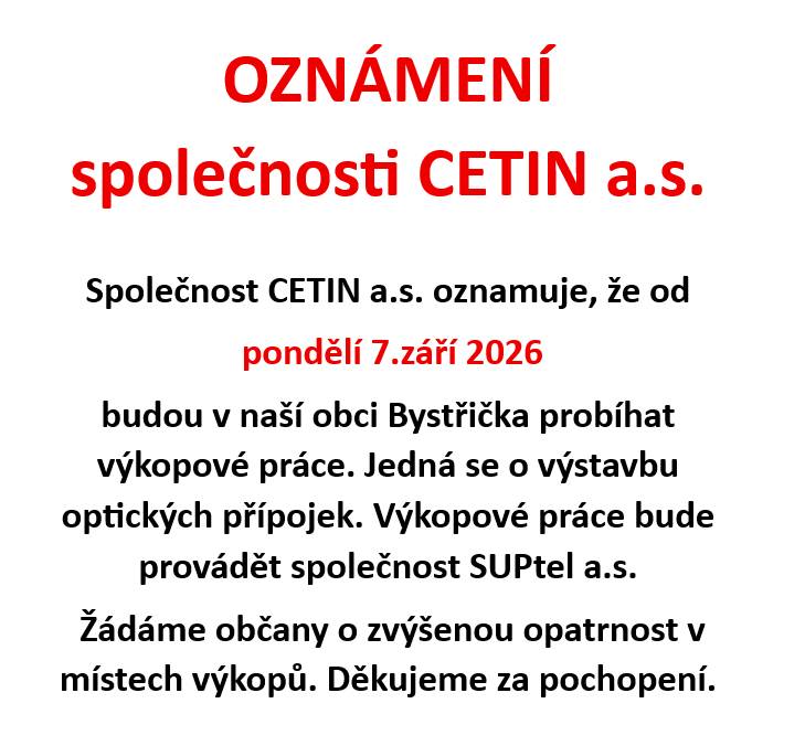 Oznámení společnosti CETIN, a.s.