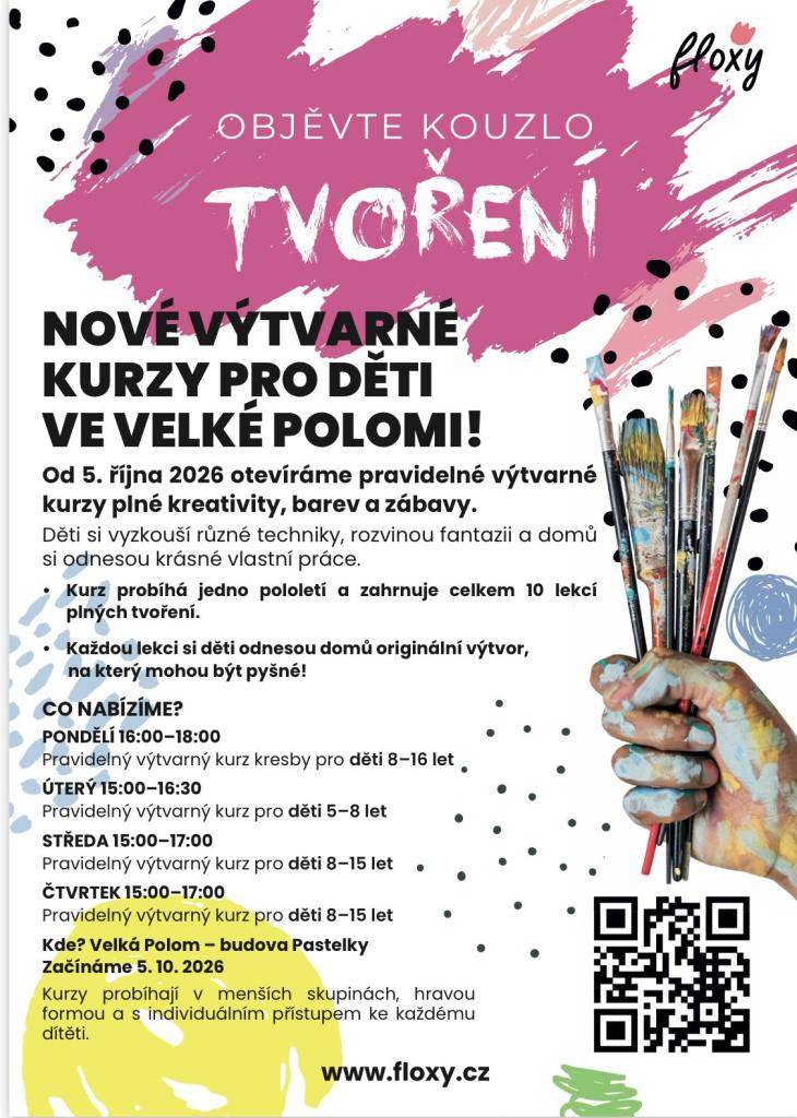 V obci Velká Polom od 5. října 2026 otevíráme pravidelné výtvarné kurzy pro děti. Kurzy nabídnou kreativní zážitky a rozvoj fantazie.