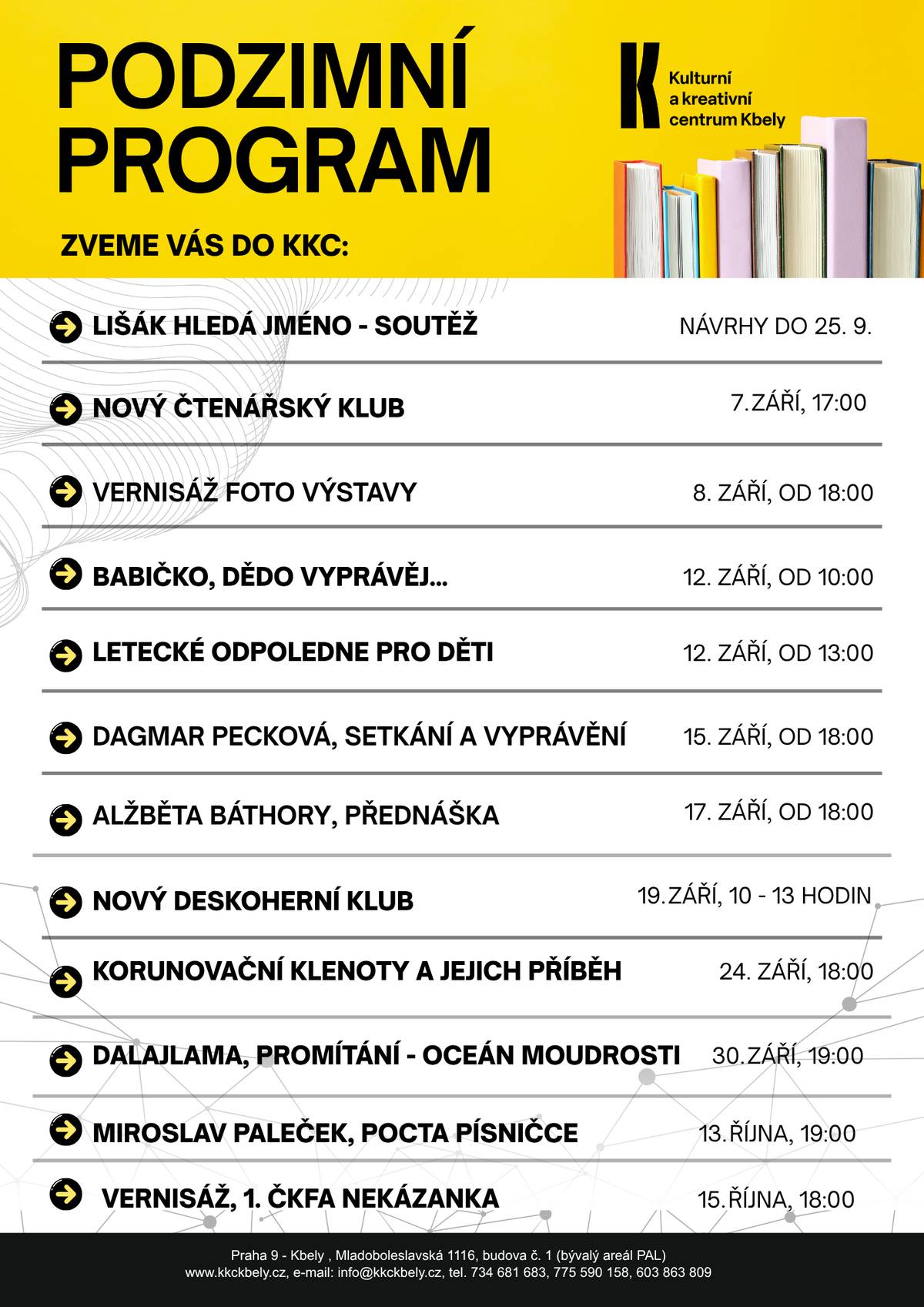 Srdečně vás zveme do Kulturního a kreativního centra Kbely! V září i v říjnu se můžete těšit na spoustu zajímavých událostí:  až do 25. září hledáme jméno pro nového maskota zvídavého lišáka, návrhy noste do KKC nebo posílejte e-mailem máme pro vás první setkání nového čtenářského klubu  vernisáž fotografické výstavy  pořádáme první multigenerační setkání - babičko, dědo vyprávěj... čeká nás letecké odpoledne pro děti s opravdovým pilotem setkání s Dagmar Peckovou a Jiřím Pavlicou nový deskoherní klub proběhne i přednáška o příběhu korunovačních klenot vůbec první promítání filmu v KKC - Dalajláma Oceán moudrosti Miroslav Paleček a jeho hudební program Pocta písničce Vernisáž fotografické výstavy 1. ČKFA  A mnoho dalšího, sledujte nás!  Praha 9 - Kbely, Mladoboleslavská 1116, budova č. 1 (bývalý areál PAL) www.kkckbely.cz e-mail: info@kkckbely.cz, rezervace vstupenek: 734 681 683, 775 590 158, 603 863 809