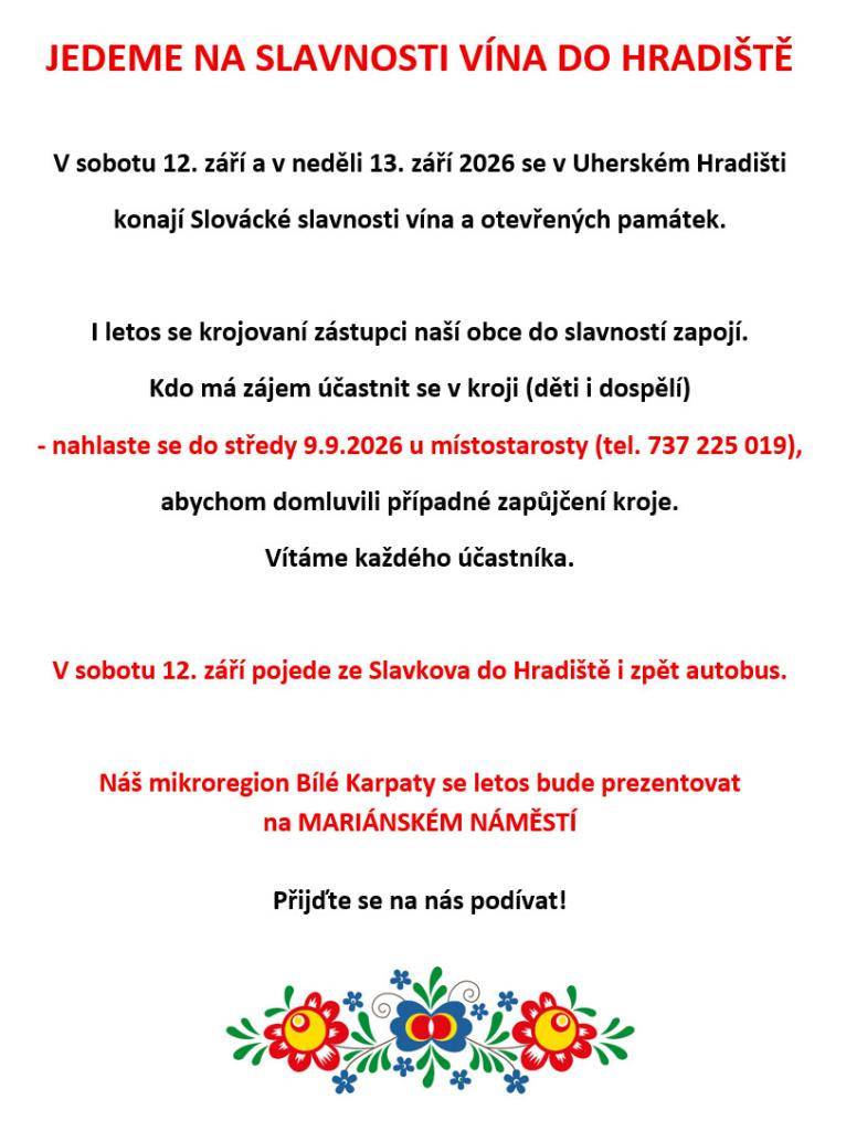 V sobotu 12. září a v neděli 13. září 2026 se v Uherském Hradišti konají Slovácké slavnosti vína a otevřených památek.