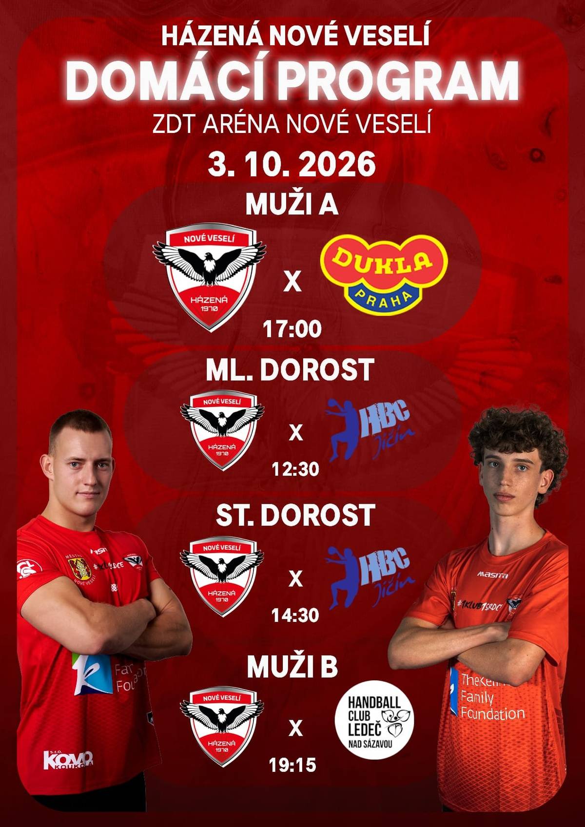 🤾♂️ HÁZENÁ: DOMÁCÍ SPORTOVNÍ SOBOTA! 🤾♂️ Přijďte v sobotu 3. října 2026 podpořit naše týmy do ZDT Arény Nové Veselí! Čeká nás další nabitý sportovní den:   🤾 12:30 – Ml. dorost: Nové Veselí vs. HBC Jičín     🤾 14:30 – St. dorost: Nové Veselí vs. HBC Jičín     🔥 17:00 – Muži A vs. Dukla Praha     🤾 19:15 – Muži B vs. Handball Club Ledeč nad Sázavou     Přijďte fandit a podpořit domácí týmy k vítězství! 👏 Těšíme se na vás v hale! 🙌